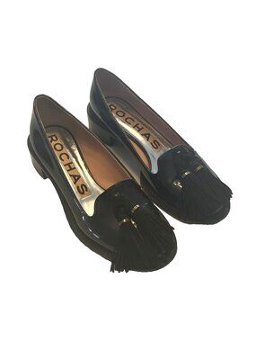 Womens Rochas Black Patent Leather Heeled Tassel Loafers Size Eu 38 / US 8